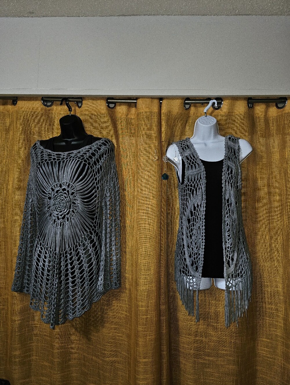 Handmade Gray Crochet Poncho & Fringe Vest Set - Fit Small/medium